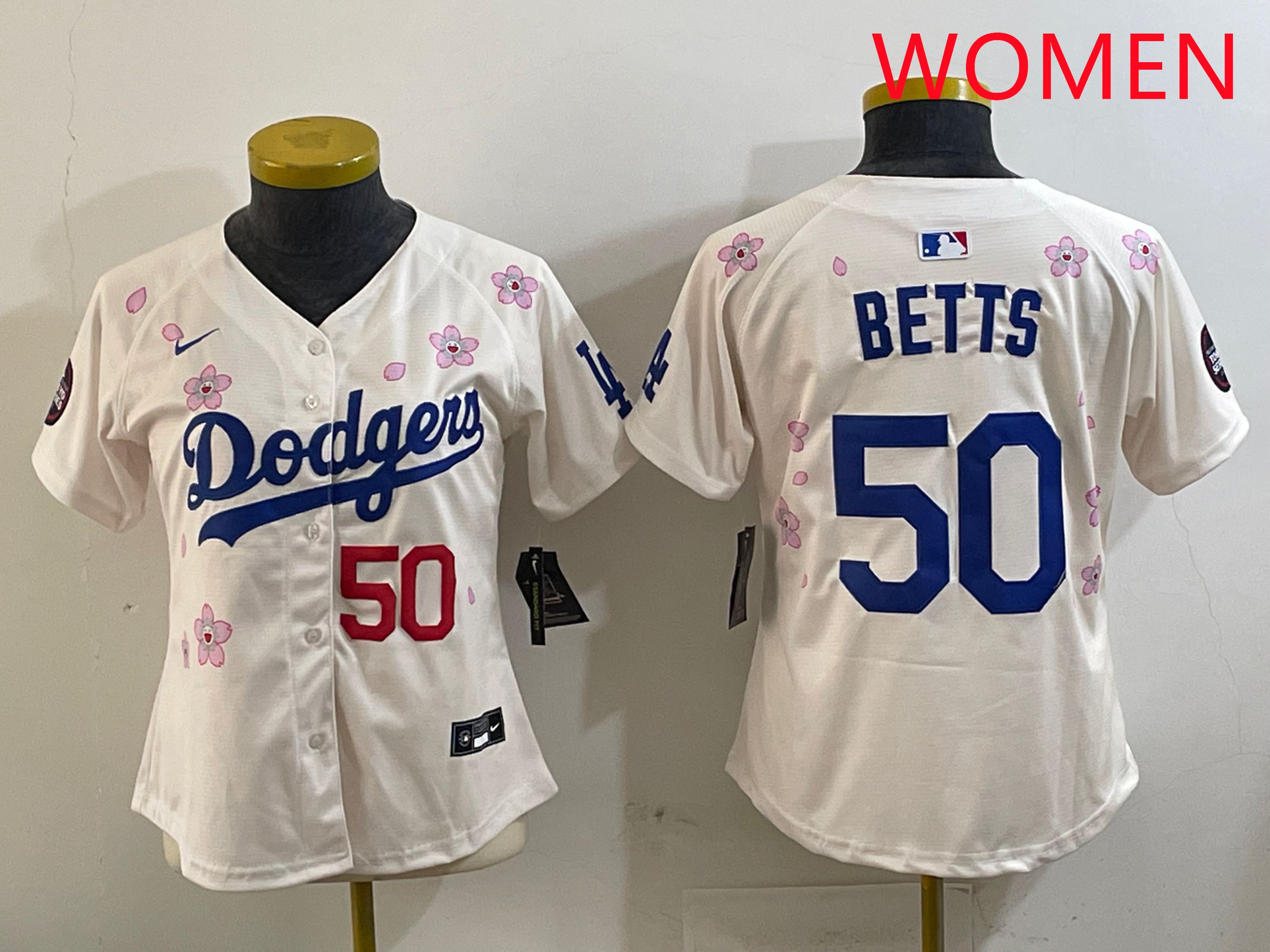 Women Los Angeles Dodgers #50 Betts Cream Sakura Edition 2025 Nike MLB Jersey style 7->women mlb jersey->Women Jersey